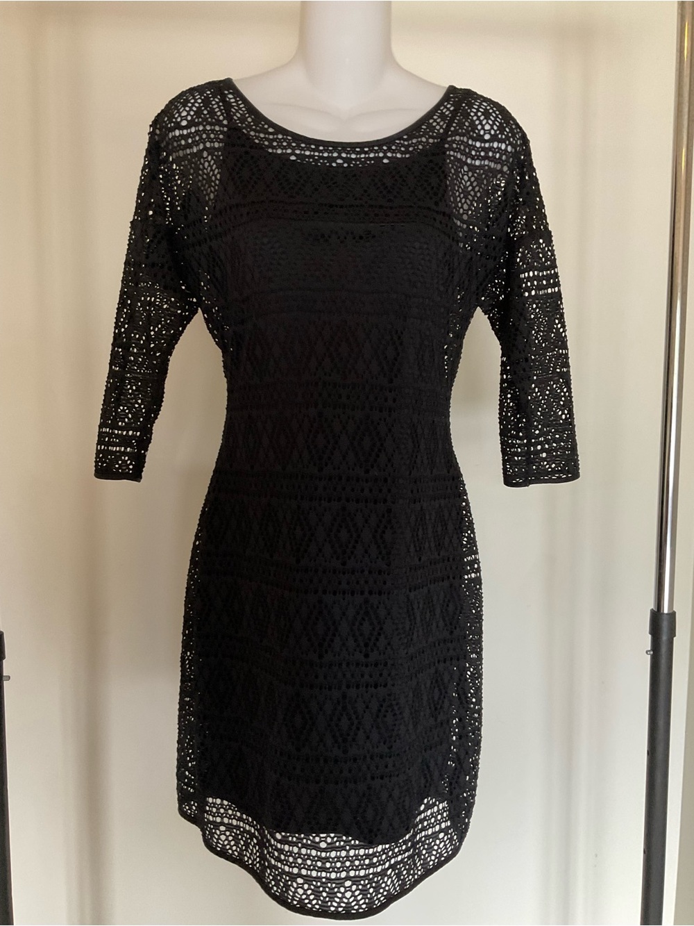 Express Black Crochet Midi Dress with Three-Quarter Sleeves